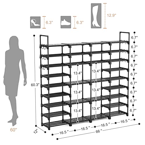 ROJASOP Large Shoe Rack Organizer for Entryway Closet 64-68 pairs 9-Tier Heavy Duty Tall Garage Shoe Rack Shoe Shelf Shoes Storage with 18 Pcs Removable Side Hooks for Bedroom and Garage Black