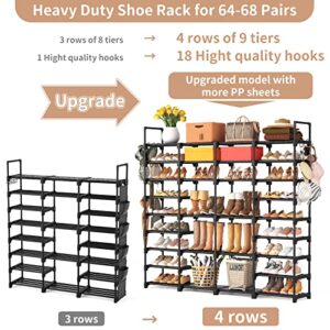 ROJASOP Large Shoe Rack Organizer for Entryway Closet 64-68 pairs 9-Tier Heavy Duty Tall Garage Shoe Rack Shoe Shelf Shoes Storage with 18 Pcs Removable Side Hooks for Bedroom and Garage Black