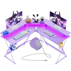 seven warrior gaming desk 50.4” with led light & power outlets, l-shaped gaming desk carbon fiber surface with monitor stand, ergonomic gamer table with cup holder, headphone hook, purple