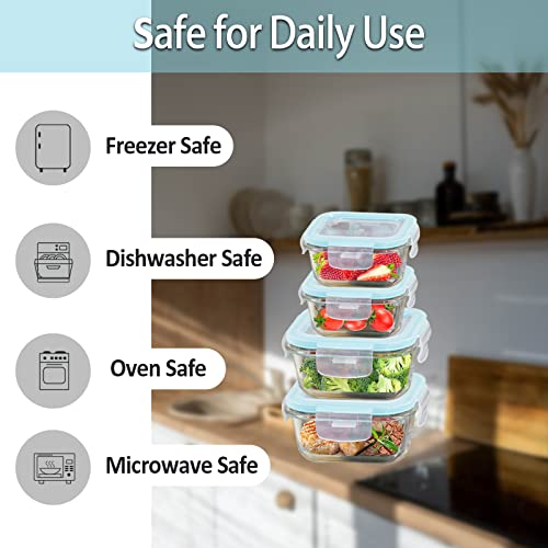 ROSOS Glass Food Storage Containers with Lids Airtight 4 Pack, Glass Storage Containers with Lids for Food, Not Easy Broken & Leak Proof, Glass Containers with Lids for Oven/Dishwasher Safe, Blue