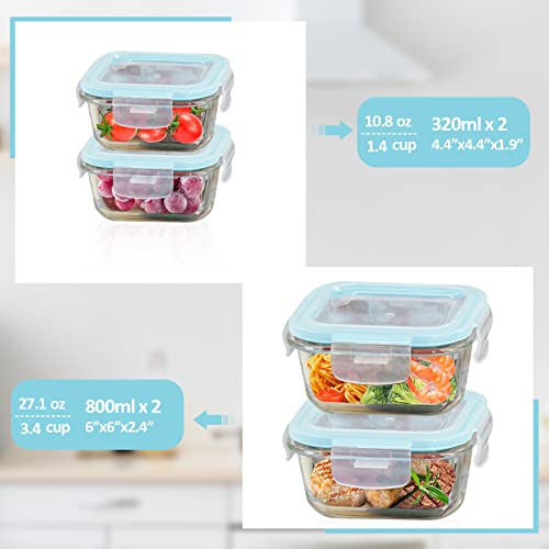 ROSOS Glass Food Storage Containers with Lids Airtight 4 Pack, Glass Storage Containers with Lids for Food, Not Easy Broken & Leak Proof, Glass Containers with Lids for Oven/Dishwasher Safe, Blue