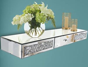 mirrored furniture wall shelf with drawer, crystal diamond floating showcase, silver mirror crushed diamond decorative dressing table, gorgeous bling tv set, wall art décor,31.5" l×7.9" w×3.1" h