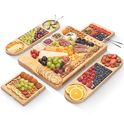 Charcuterie Board Set - FamRica Extra Large Cheese Board with 2 Drawers, Bamboo Cheese Tray Serving Board - Unique, Wedding, Housewarming, Birthday Gifts