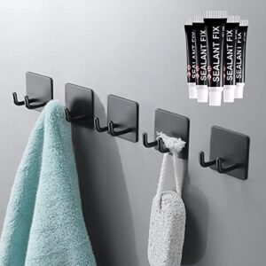 mopms towel hooks for bathroom - adhesive hooks heavy duty - wall double hooks with 5 pack solid glue - stainless steel stick on hooks for hanging coat key hat razor and key holder