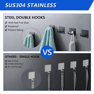 MOPMS Towel Hooks for Bathroom - Adhesive Hooks Heavy Duty - Wall Double Hooks with 5 Pack Solid Glue - Stainless Steel Stick on Hooks for Hanging Coat Key Hat Razor and Key Holder