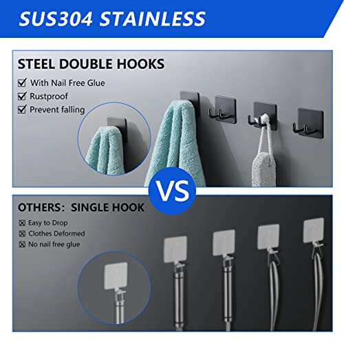 MOPMS Towel Hooks for Bathroom - Adhesive Hooks Heavy Duty - Wall Double Hooks with 5 Pack Solid Glue - Stainless Steel Stick on Hooks for Hanging Coat Key Hat Razor and Key Holder