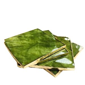 natural green gemstone jade coaster with golden edge for home decoration, 3.5-4 inches, square shape, set of 4 (green jade)