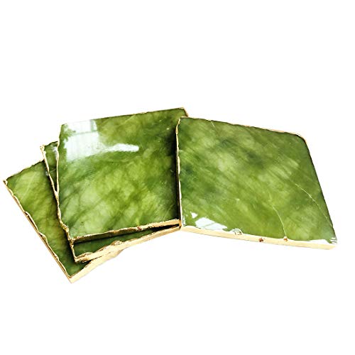 Natural Green Gemstone Jade Coaster with Golden Edge for Home Decoration, 3.5-4 Inches, Square Shape, Set of 4 (Green Jade)