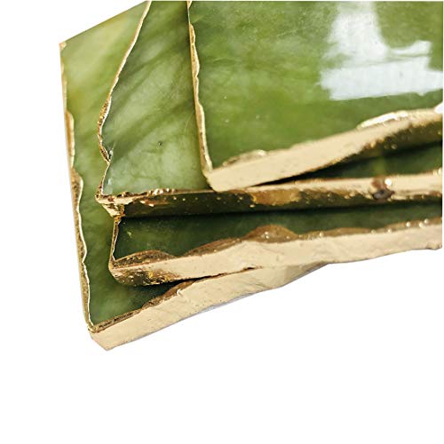 Natural Green Gemstone Jade Coaster with Golden Edge for Home Decoration, 3.5-4 Inches, Square Shape, Set of 4 (Green Jade)