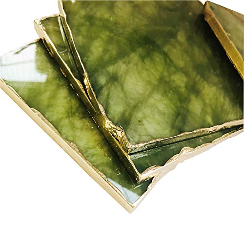 Natural Green Gemstone Jade Coaster with Golden Edge for Home Decoration, 3.5-4 Inches, Square Shape, Set of 4 (Green Jade)