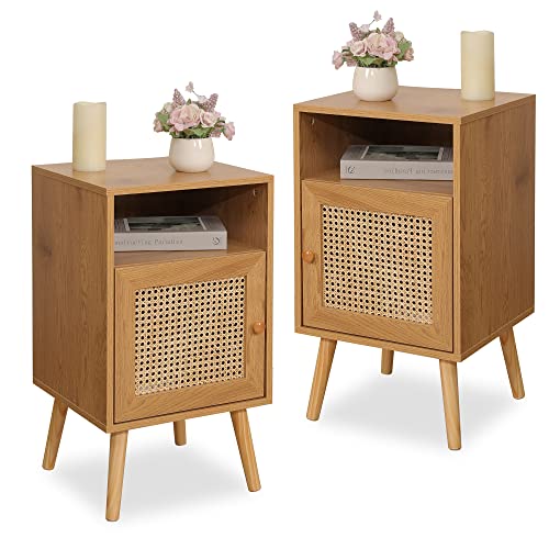 Xilingol Rattan Nightstand Set of 2, Boho Side Table with Handmade Rattan Decorated Door, Mid-Century Modern Nightstand with Open Storage Shelf for Bedroom, Living Room, Natural