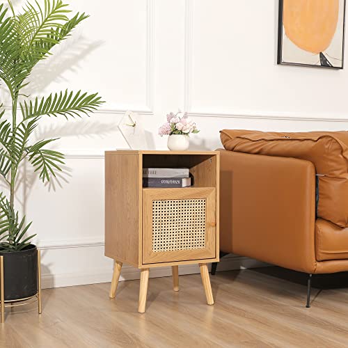 Xilingol Rattan Nightstand Set of 2, Boho Side Table with Handmade Rattan Decorated Door, Mid-Century Modern Nightstand with Open Storage Shelf for Bedroom, Living Room, Natural