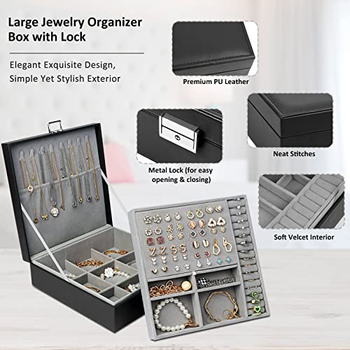 SIMBOOM Jewelry Box Organizer for Women Girls, 2 Layer Large Jewelry Display Storage Case for Rings Earrings Necklaces Bracelets Watches, PU Leather Mens Jewelry Organizer Boxes with Lock, Black