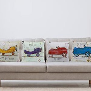 Cartoon Car Airplanes Be Curious Be Happy Be Brave Be Unique 18''x18'' Set Of 4 Throw Pillow Case Decorative Home Kid’s Room Nursery Playroom Cushion Cover,Sofa Bed Couch Decor,Boys Kids Teenage Gift