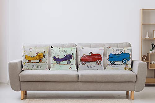 Cartoon Car Airplanes Be Curious Be Happy Be Brave Be Unique 18''x18'' Set Of 4 Throw Pillow Case Decorative Home Kid’s Room Nursery Playroom Cushion Cover,Sofa Bed Couch Decor,Boys Kids Teenage Gift