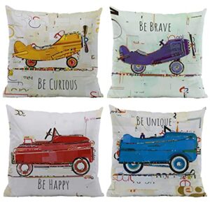 cartoon car airplanes be curious be happy be brave be unique 18''x18'' set of 4 throw pillow case decorative home kid’s room nursery playroom cushion cover,sofa bed couch decor,boys kids teenage gift