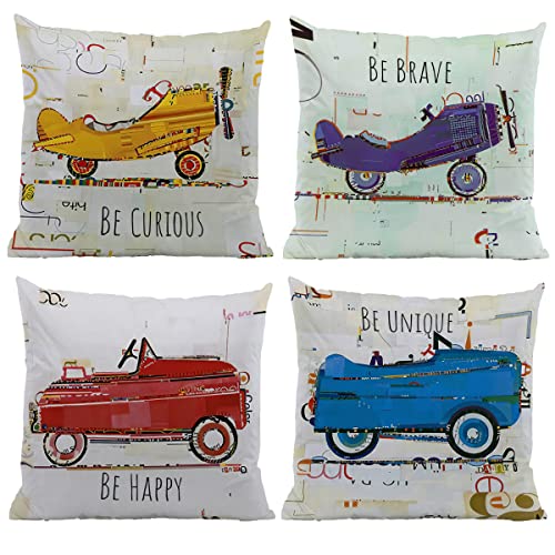 Cartoon Car Airplanes Be Curious Be Happy Be Brave Be Unique 18''x18'' Set Of 4 Throw Pillow Case Decorative Home Kid’s Room Nursery Playroom Cushion Cover,Sofa Bed Couch Decor,Boys Kids Teenage Gift