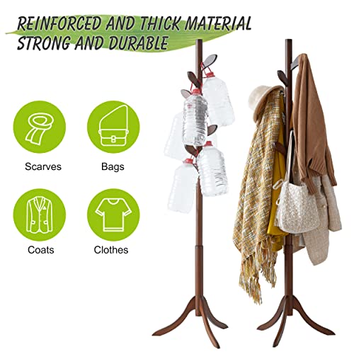 Coat Rack Freestanding Bamboo Coat TreeCoat Rack Standing Adjustable Coat With 3 Sections 8 Coat Hooks Easy Assemble Coat Hanger For Closet Hats Bedroom Office Entryway Leaf Hook(Brown)