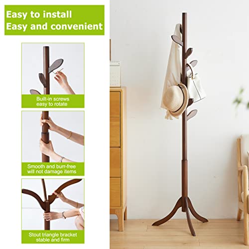 Coat Rack Freestanding Bamboo Coat TreeCoat Rack Standing Adjustable Coat With 3 Sections 8 Coat Hooks Easy Assemble Coat Hanger For Closet Hats Bedroom Office Entryway Leaf Hook(Brown)