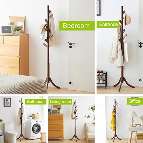 Coat Rack Freestanding Bamboo Coat TreeCoat Rack Standing Adjustable Coat With 3 Sections 8 Coat Hooks Easy Assemble Coat Hanger For Closet Hats Bedroom Office Entryway Leaf Hook(Brown)