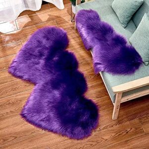 cyditan double heart shape rugs, fluffy faux sheepskin carpet, fur plush area rugs for home living room balcony sofa floor mat bedroom purple 24x47''