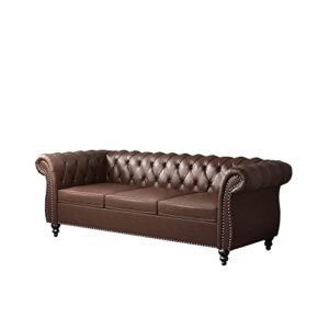 PHOYAL Modern 3 Seater Couch, Large Sofa Furniture, Roll Arm Classic Tufted Chesterfield Settee Leather Sofa with Channel Tufted Seat Back for Living Room, Dark Brown PU