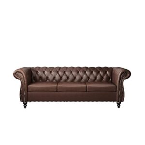 PHOYAL Modern 3 Seater Couch, Large Sofa Furniture, Roll Arm Classic Tufted Chesterfield Settee Leather Sofa with Channel Tufted Seat Back for Living Room, Dark Brown PU