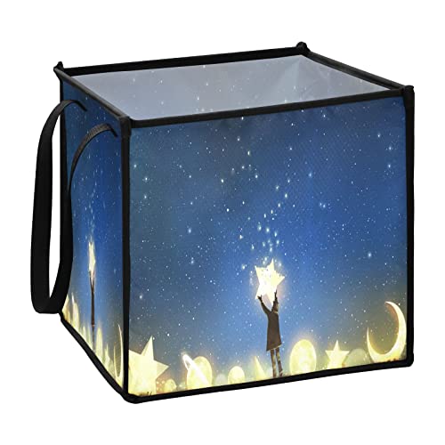 Blueangle Glowing Planet Little Boy Cube Storage Bin with Handles, 13 x 13 x 13 in, Large Collapsible Organizer Storage Basket for Home Décor（336）