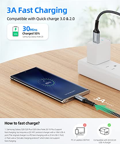 SUNGUY 10Gbps Android Auto USB C Cable, 1.5FT 3A USB 3.1 Gen 2 Fast Charging & Data Transfer USB C to USB A Cable, Compatible with Samsung T7, Galaxy S23 S22 S21 Ultra Note 20, Pixel 7 6 5, SSD