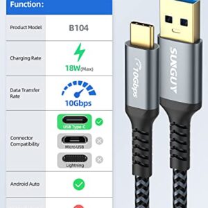 SUNGUY 10Gbps Android Auto USB C Cable, 1.5FT 3A USB 3.1 Gen 2 Fast Charging & Data Transfer USB C to USB A Cable, Compatible with Samsung T7, Galaxy S23 S22 S21 Ultra Note 20, Pixel 7 6 5, SSD