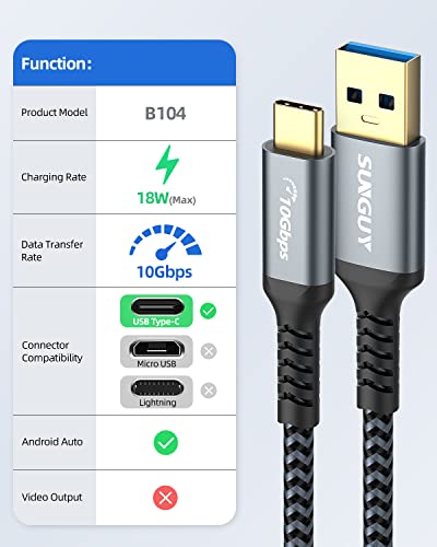 SUNGUY 10Gbps Android Auto USB C Cable, 1.5FT 3A USB 3.1 Gen 2 Fast Charging & Data Transfer USB C to USB A Cable, Compatible with Samsung T7, Galaxy S23 S22 S21 Ultra Note 20, Pixel 7 6 5, SSD