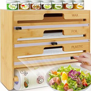 foil and plastic wrap organizer, paper towel holder wall mount, 5 in 1 plastic wrap food dispenser with cutter for 12" wax paper parchment roll aluminum foil dispenser for kitchen organization storage