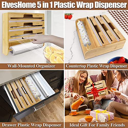 Foil and Plastic Wrap Organizer, Paper Towel Holder Wall Mount, 5 in 1 Plastic Wrap Food Dispenser with Cutter for 12" Wax Paper Parchment Roll Aluminum Foil Dispenser for Kitchen Organization Storage