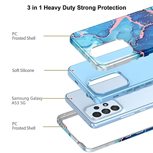 Hekodonk for Samsung Galaxy A53 5G case,Heavy Duty Full Body Shockproof Drop Rugged Protection 3 in 1 TPU+PC Slim Marble Phone Case Dustproof Anti-Scratch Cover for Galaxy A53 5G Light Blue Marble