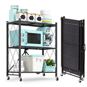 mydenimsky 3-tier storage shelves, metal storage shelves rack, foldable shelving units with wheels, wire shelving units no assemble required, movable garage shelves, kitchen and garden shelves, black