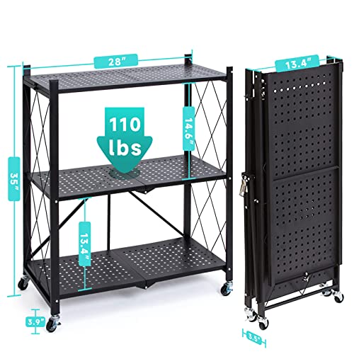 MYDENIMSKY 3-Tier Storage Shelves, Metal Storage Shelves Rack, Foldable Shelving Units with Wheels, Wire Shelving Units No Assemble Required, Movable Garage Shelves, Kitchen and Garden Shelves, Black