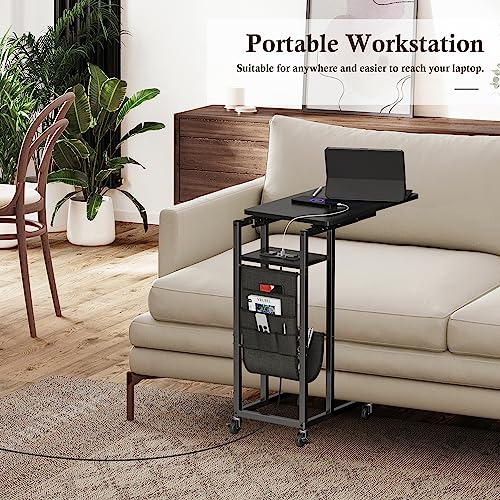 Colima C Shaped Slide Cover End Table with Charging Station, Narrow Sofa Side Table with USB Port and Wheels, Black Couch Bedside Table with Storage Bags for Office Living Room Bedroom