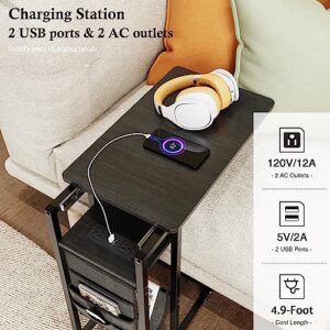 Colima C Shaped Slide Cover End Table with Charging Station, Narrow Sofa Side Table with USB Port and Wheels, Black Couch Bedside Table with Storage Bags for Office Living Room Bedroom
