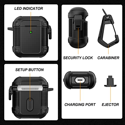 Lopnord for AirPod Case, Compatible with Apple AirPods 2nd Generation Case Cover with Lock, Rugged Protective Case for Airpod 1st Generation Case for Men with Keychain[LED Visible]