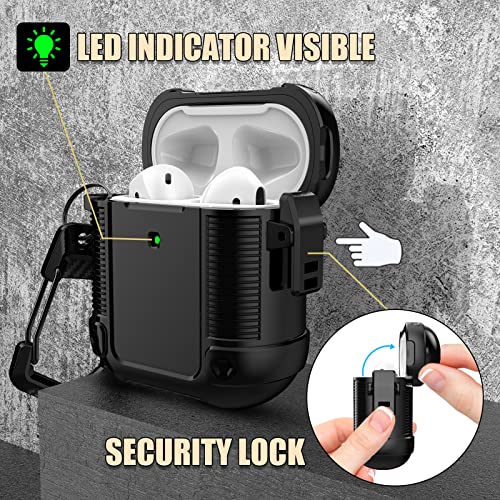 Lopnord for AirPod Case, Compatible with Apple AirPods 2nd Generation Case Cover with Lock, Rugged Protective Case for Airpod 1st Generation Case for Men with Keychain[LED Visible]