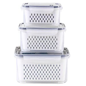 ronanemon 3pack fridge food storage container set with lids with strainer,plastic fresh produce saver vegetable fruit meat storage organization, bpa-free plastic produce keepers(3.15l+1.7l+0.8l)
