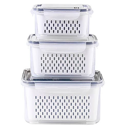 Ronanemon 3Pack Fridge Food Storage Container Set with Lids with Strainer,Plastic Fresh Produce Saver Vegetable Fruit Meat Storage Organization, BPA-Free Plastic Produce Keepers(3.15L+1.7L+0.8L)