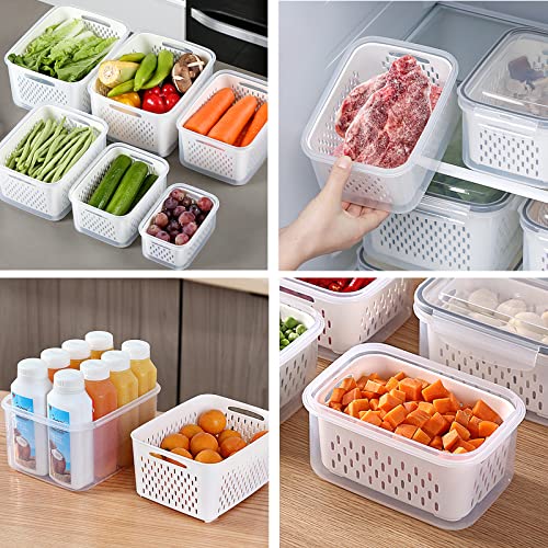 Ronanemon 3Pack Fridge Food Storage Container Set with Lids with Strainer,Plastic Fresh Produce Saver Vegetable Fruit Meat Storage Organization, BPA-Free Plastic Produce Keepers(3.15L+1.7L+0.8L)