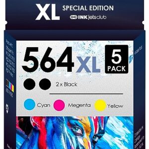 INKjetsclub High Yield Compatible Ink Cartridges for HP 564XL. Works with Officejet 4620 Deskjet 3520 Photosmart 7510 7515 7520 7525 C5324 Printers. 5 Pack (2X Black, Cyan, Magenta, Yellow)