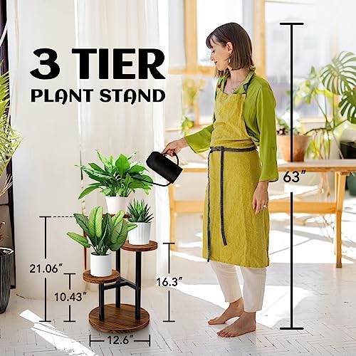 AUGOSTA 3 Tier Plant Stand, Tall Metal Wood Shelf Holder for Indoor, Outdoor Display Rack Flower Pot Stand for Corner Living Room Balcony Garden Patio