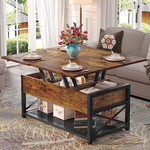 itaar 43" lift top coffee table, 3 in 1 multi-function coffee table with storage for living room, small coffee table for dining reception room, rustic brown.