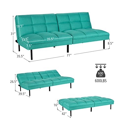 Giantex Sofa Bed, Convertible Sleeper Couch, Linen Fabric Futon, Recliner with 3 Level Adjustable Backrest, Metal Legs, 71”x35.5”x31”, Living Room Bedroom Reception Room (Turquoise)