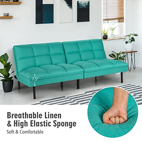 Giantex Sofa Bed, Convertible Sleeper Couch, Linen Fabric Futon, Recliner with 3 Level Adjustable Backrest, Metal Legs, 71”x35.5”x31”, Living Room Bedroom Reception Room (Turquoise)