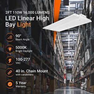 2ft 110W LED Linear High Bay Chain-Mount Fixture, 16,000LM (142LM/W), 10-15ft Install Height, 1-10V Dimmable LED Shop Light Fixture, 120-277V, 5000K Daylight White, UL Listed, DLC 5.1 Premium, 1-Pack