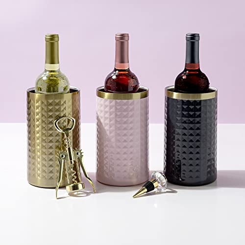 Paris Hilton Wine Bottle Chiller Set, Insulated Double Wall Chiller, Gold Winged Corkscrew Wine Bottle Opener, Diamond Wine Stopper, 3-Piece Set, Pink